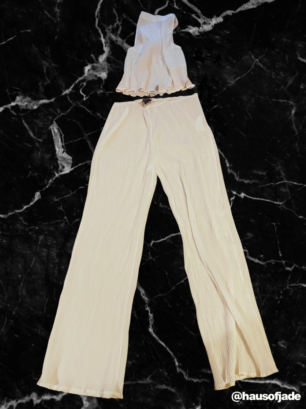 PrettyLittleThing White Wide-Leg Trousers High Waist Plisse Pleated Set Co-Ord